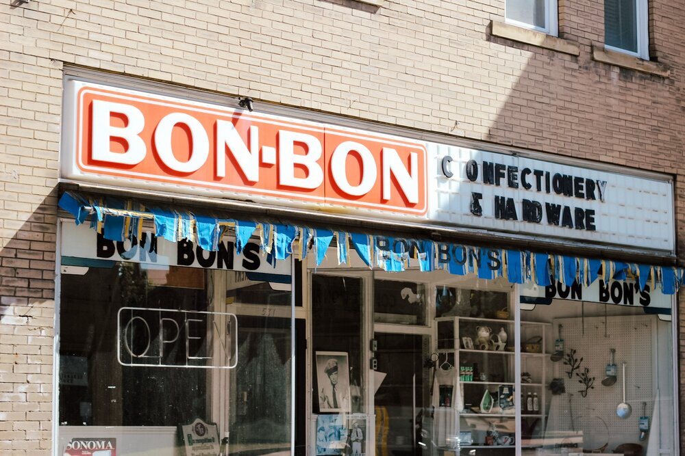 Front view of the Bon-Bon Confectionery and Hardware Store.